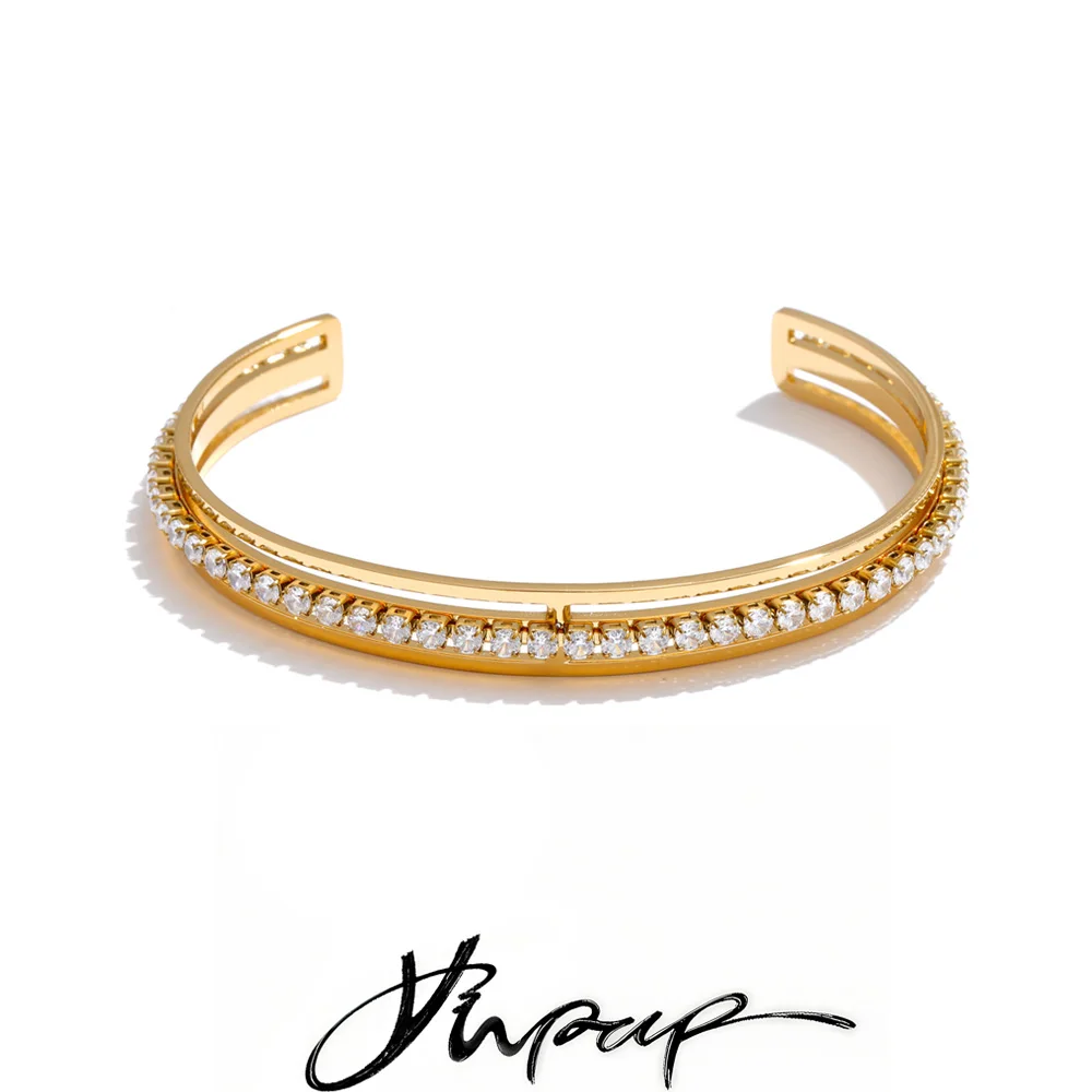 Yhpup 63mm Stainless Steel Cubic Zirconia Double-Layer Cuff Bracelet Bangle Waterproof Delicate Wrist Jewelry
