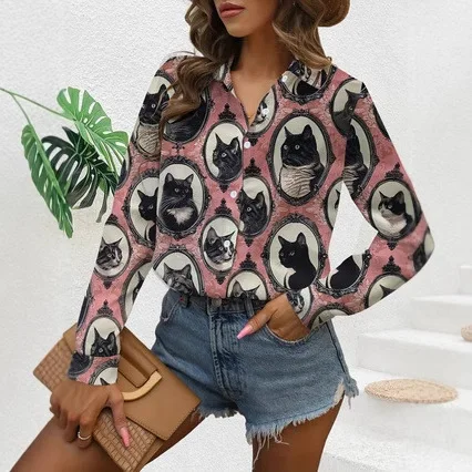

2025 New Fashionable Retro Women's Shirt Animal Cat Printed Long Sleeve Shirt Button Top Thin Spring Women's Shirt blouse