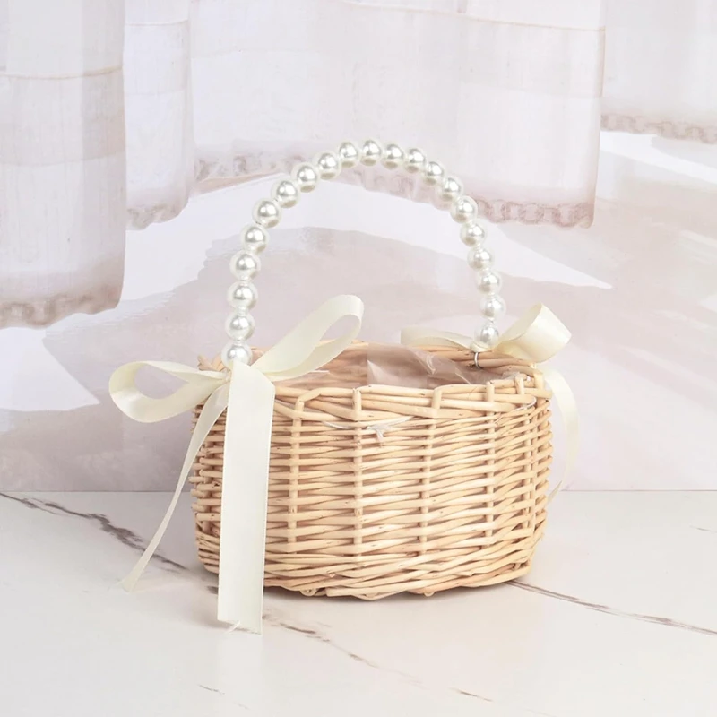 New Wicker Flower Girl Basket For Weddings, Rattan Flower Basket Handmade Flower Girl Basket With Handle And Ribbon
