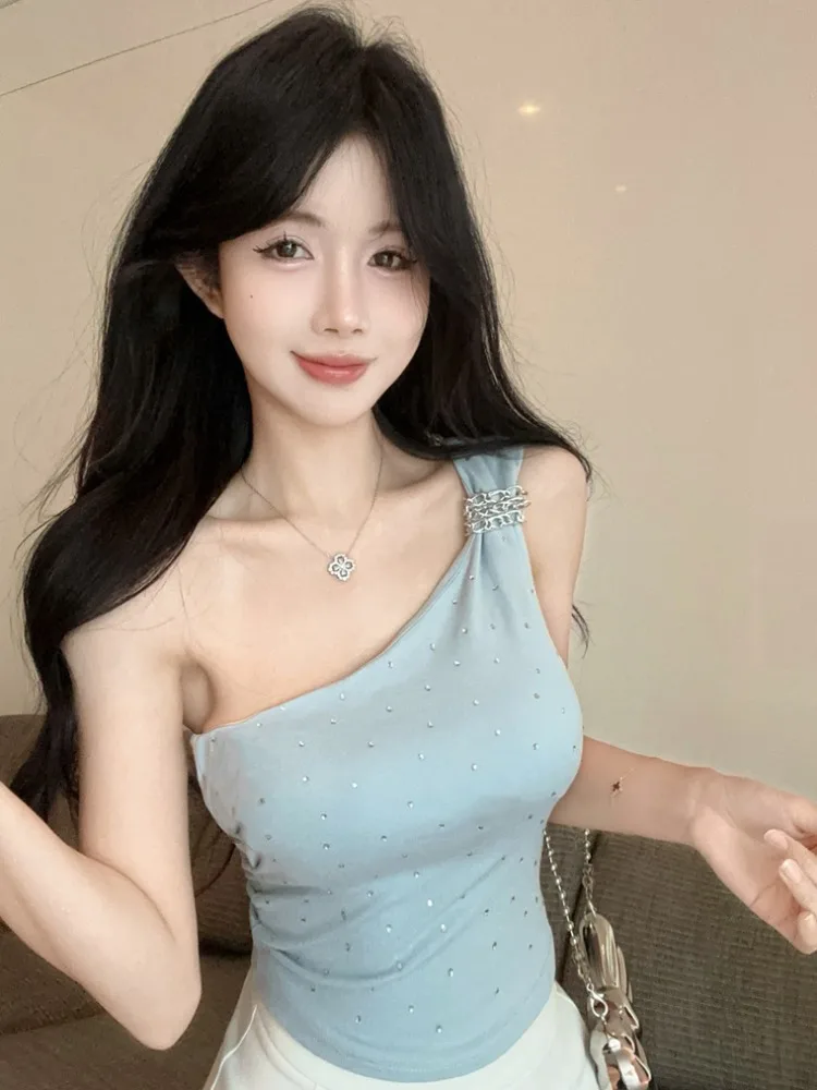 

Sexy Pure Desire Shoulder Design Rhinestone Tube Top Tank Women's Summer Slim Fit Short Style with Chest Pad City Walk