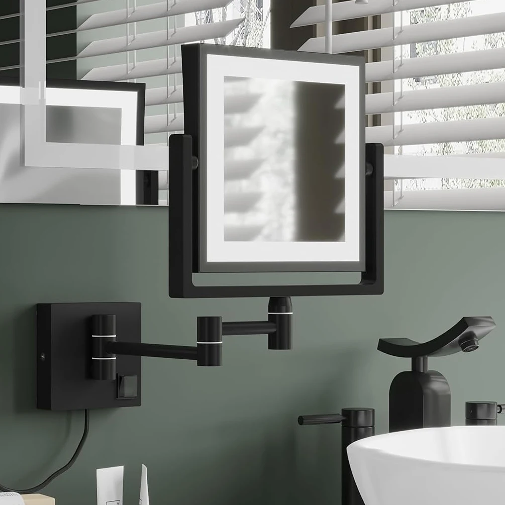 LED Bathroom Mirror 3X Magnifying Dual Arm Extendable Folding Wall Mounted Double Sided Makeup Mirror for Black Bathroom Mirrors