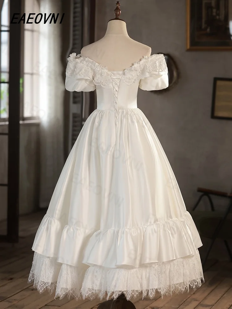 Elegancka luksusowa francuska suknia ślubna Vintage Princess Off The Shoulder 2023, biała suknia ślubna z satynową kokardą, koronkowa suknia balowa Vestido de novia