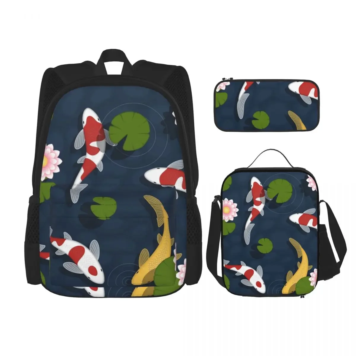 Japanese Koi Fish Pond Backpacks Boys Girls Bookbag Students School Bags Cartoon Kids Rucksack Lunch Bag Pen Bag Three-Piece Set