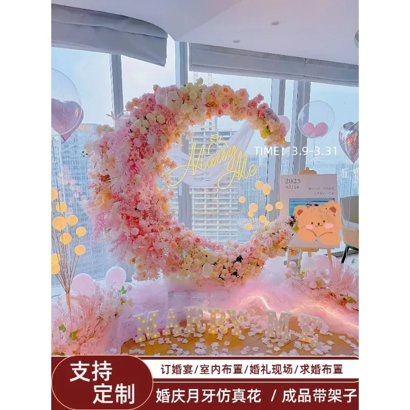 Moon flower stand simulated flower wedding crescent moon wedding hall stage background decoration proposal arrangement moon flow