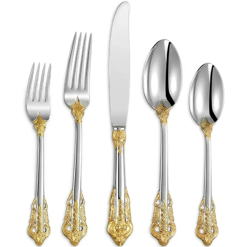 

Luxury 20 Pieces 18/10 Stainless Steel Flatware set, silver plated with gold accents, Fine Silverware set and Dishwasher Safe
