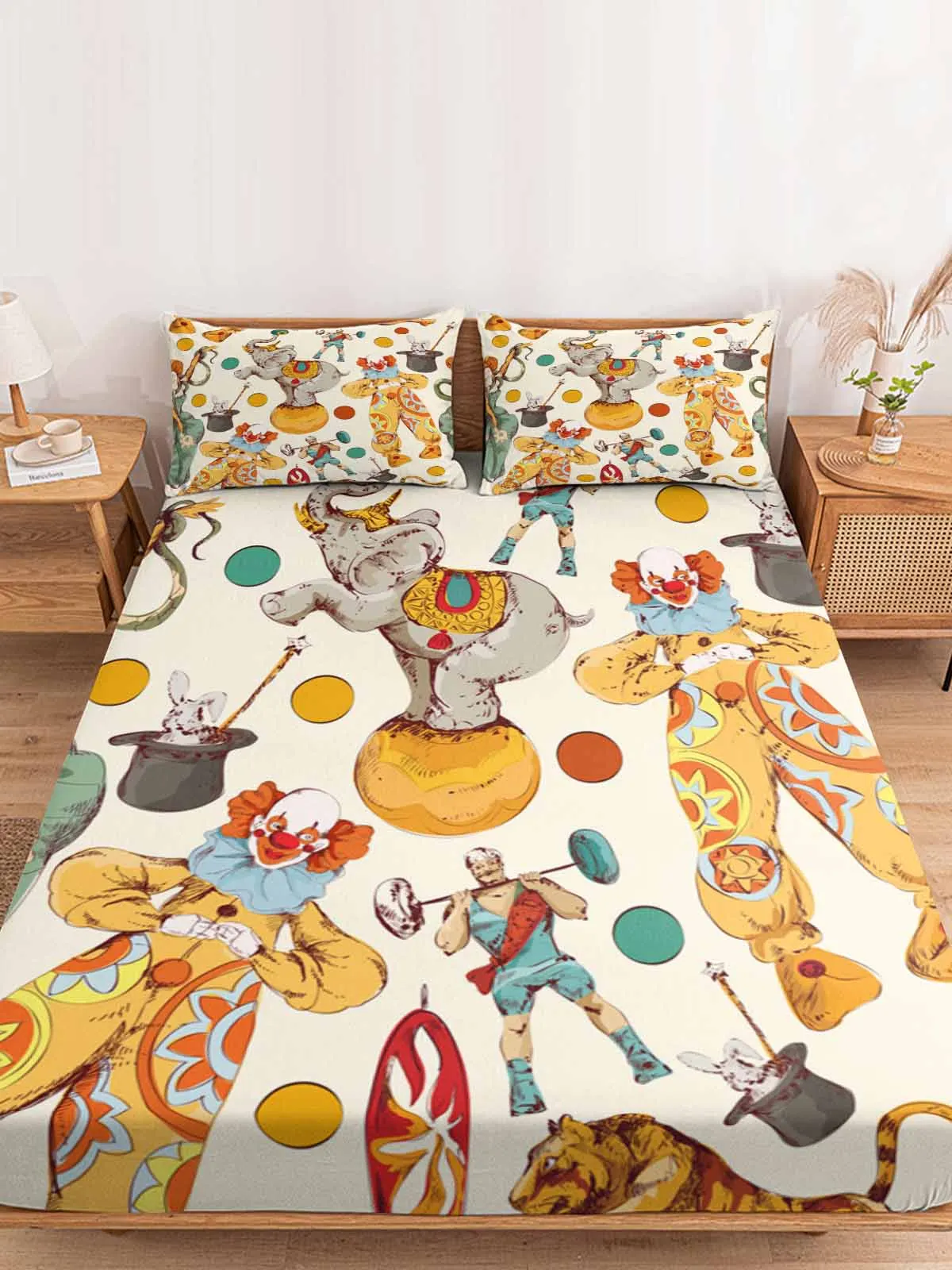 Elephant Clown Barbell Queen Size Bed Mattress Fitted sheet Elastic Rubber Band Non-slip Bed Sheet Pillowcase Set