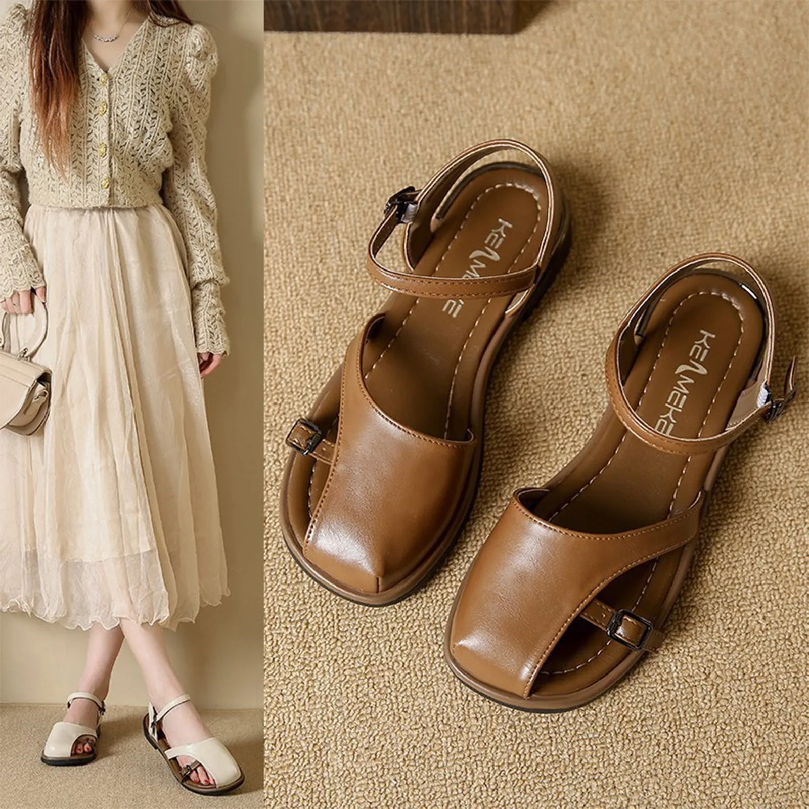 

Women'S Braided Sandals Single Strap Hollow Backless Single Shoes Comfortable Roman Soft Sole Simple Women'S Flat Shoes