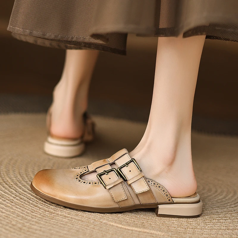 2026 new summer women sandals natural leather 22-25cm washed cowhide+pigskin t-buckle mules low heel women slippers fashion