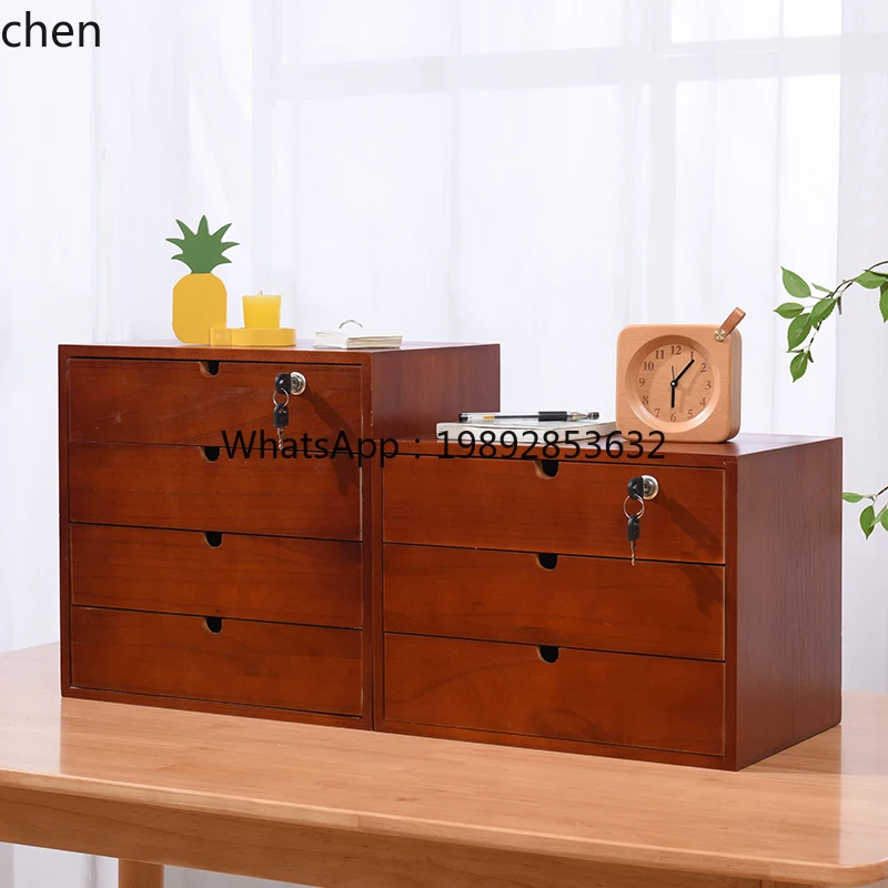 Desktop Storage Box Drawer-Type Wooden Organizer Multi-Layer Document Home Use Lockable Storage Box