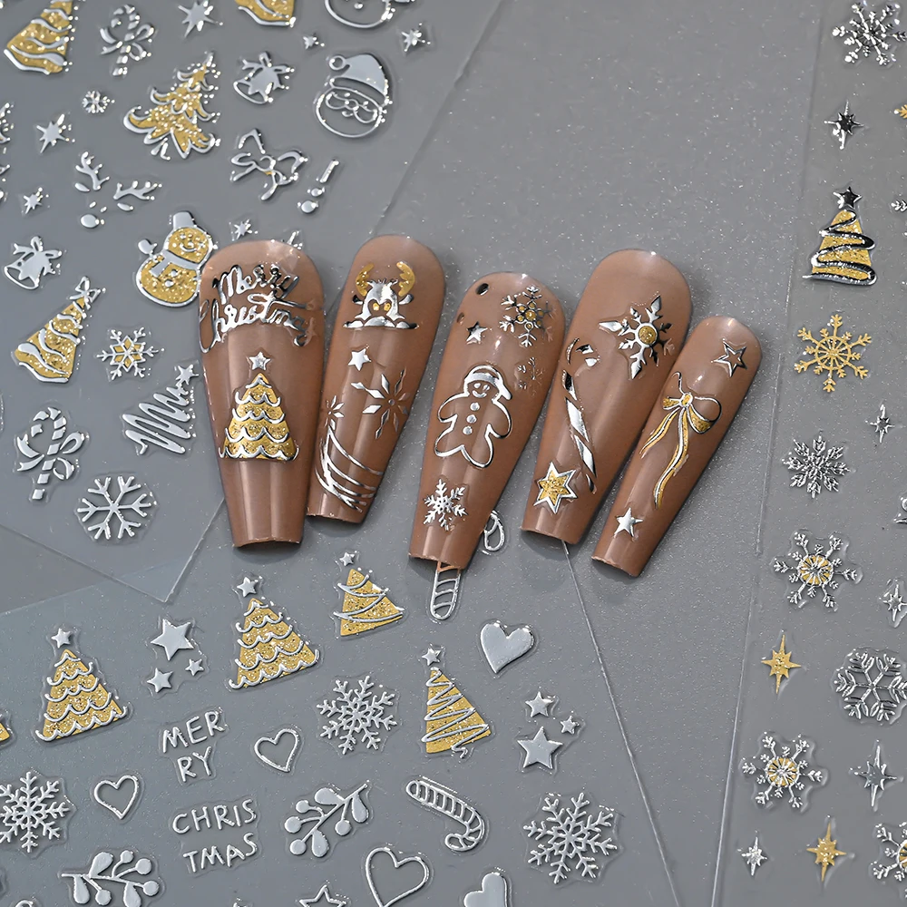 12 Stuks 3D Kerst Sneeuwvlok Nail Stickers Goud Zilver Glitter Kerstman Bal Kerstboom Decals Nieuwjaar Zelfklevende Sliders