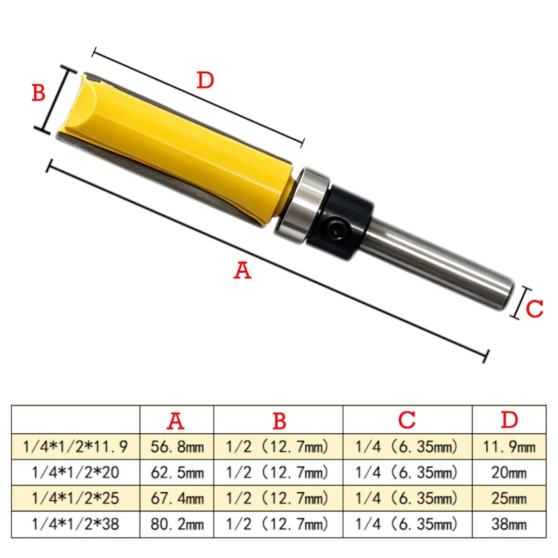 4Pcs 1/4 Inch Shank Bearing Guided Pattern Router Bit Double-Edged Straight End Mill Trimmer Woodworking Edge Trimming Tools