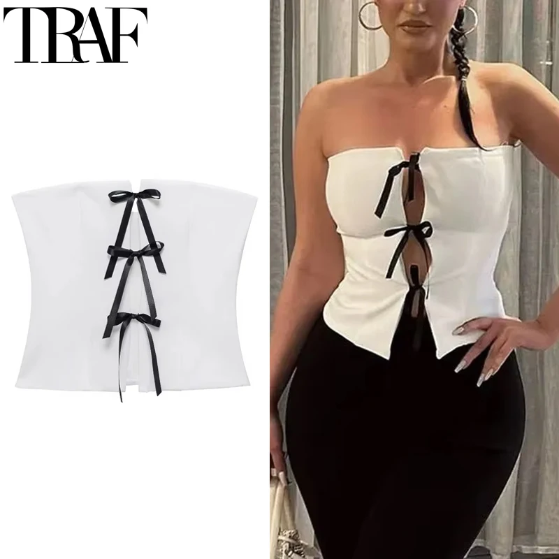 TRAF Corset Woman White Crop Top Off Shoulder Cut Out Butterfly Top Female Backless Sexy Tube Tops For Women Strapless Party Top