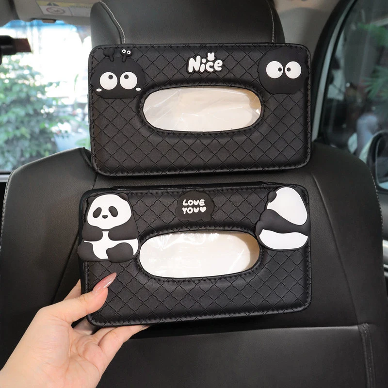 2027 New Leather Car Tissue Paper Box Cute Cartoon Panda for Auto Back Seat Headrest Organizer Storage Fit for 80-100 Regular Si