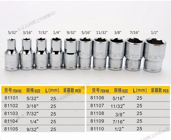 BESTIR Taiwan Made 6.3mm 1/4' DR. 6PT Inch Size Socket Wrench 5/32' 3/16' 7/32' 1/4' 9/32' 5/16' 11/32' 3/8' 7/16' 1/2' Car Tool
