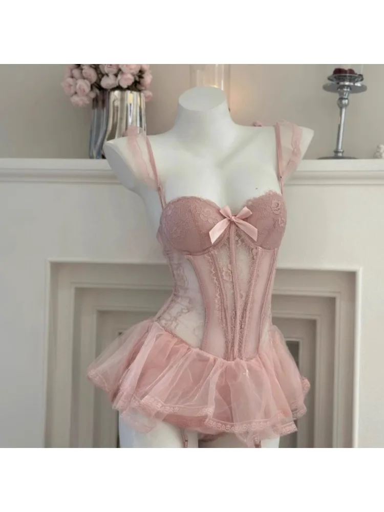 

YUQI Sexy Lingerie Set with Push Up Bra, Steel Boned Corset Vest, Lace Pajamas & Puffy Skirt, Seductive Role Play Underwear