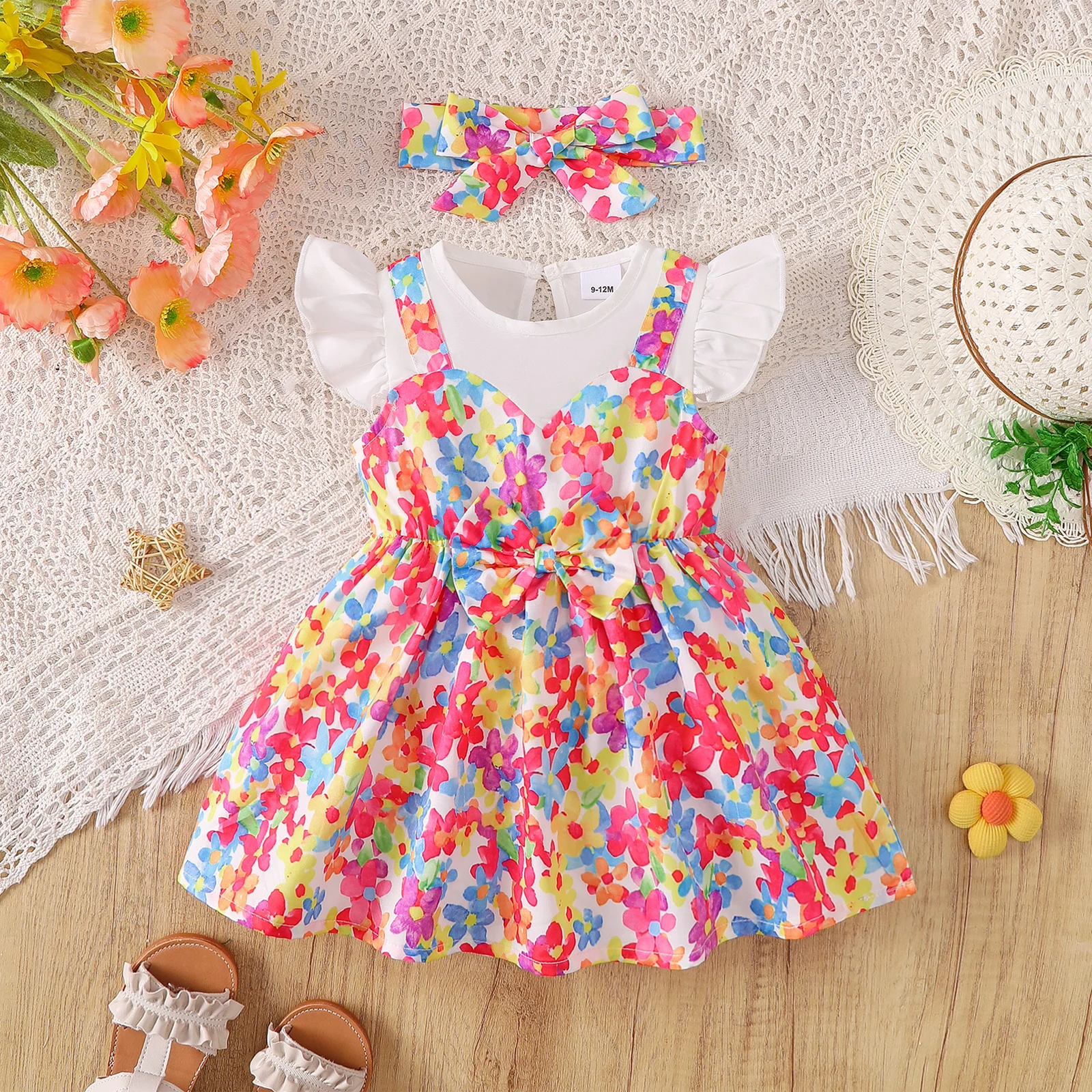 Fashion Summer Baby Girl  2PCS Floral Dress+Headband Ruffle Sleeve Flower Print Sundress for 0-3Y Newborn Summer Casual Outfit