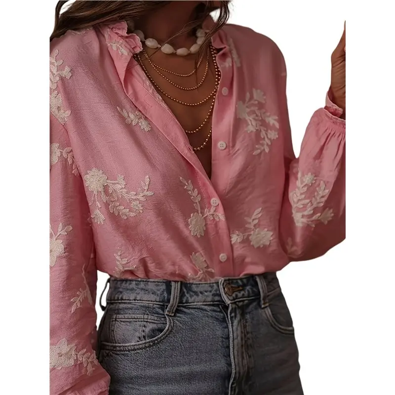 

ABRT-Women's Long Sleeve Embroidered Chiffon Blouse Stylish Floral Pattern Casual Elegant Top