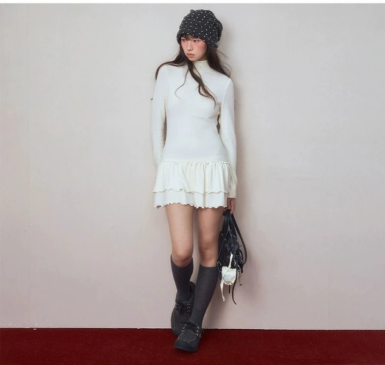Vestido tipo camiseta de manga larga ajustado con cuello alto para mujer Otoño Invierno