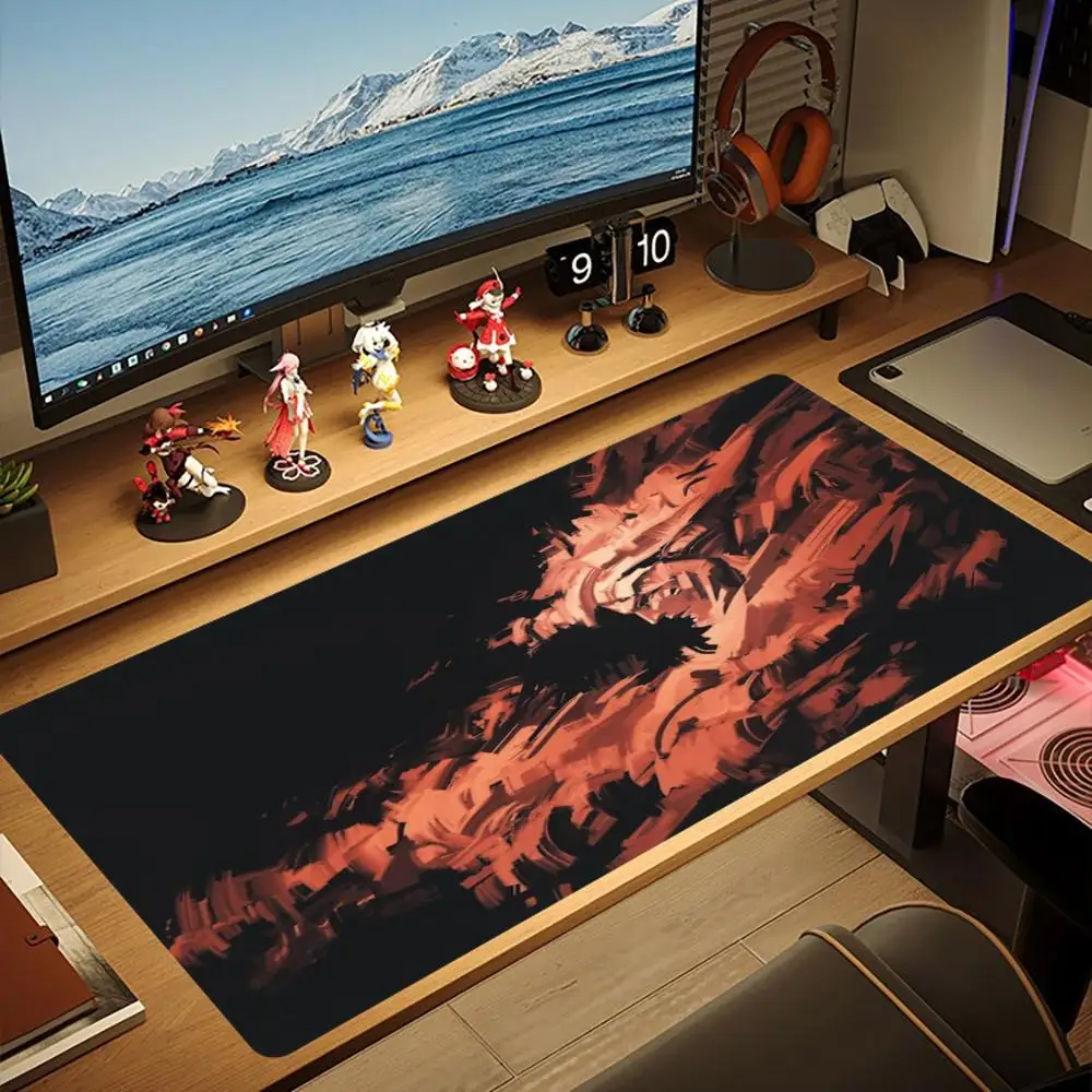 Abstract Brush Stroke Warrior XXL Deskmat Non-Slip Rubber Mouse Pad Keyboard Mat Dark Orange Anime Art Pc Gamer Gaming Mats