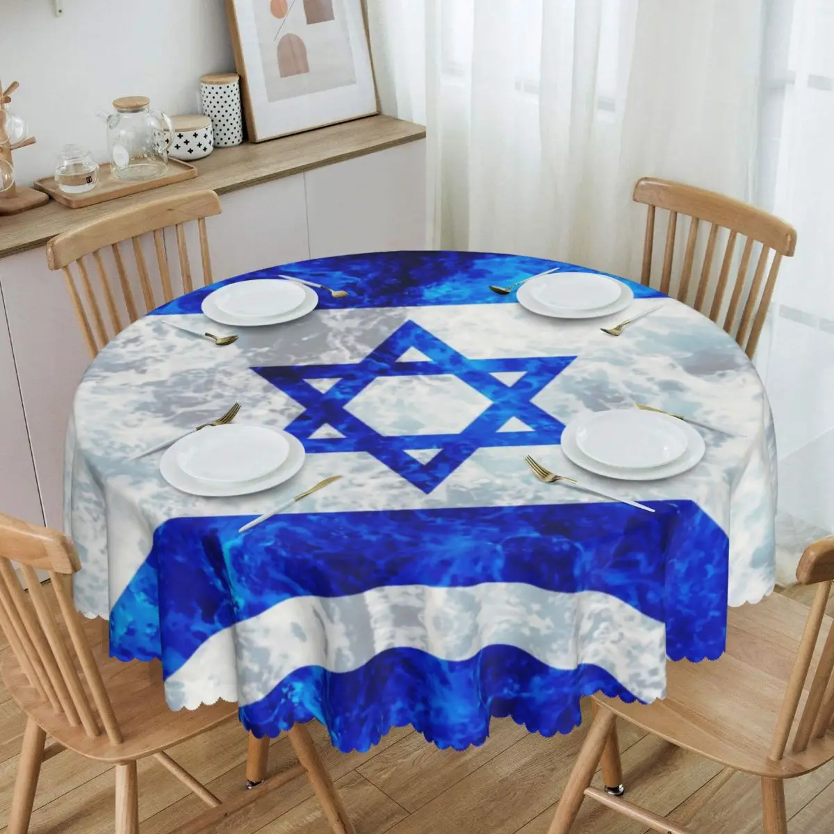 

Flag Of Israel Tablecloth Round Waterproof Ocean Waves Table Cover Cloth for Banquet 60 inch