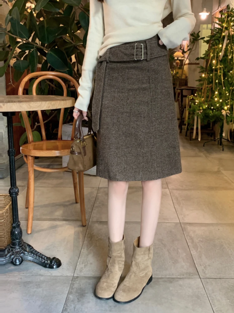 

Casual Commuter Sle High Waist Coffee Brown Woolen Suit Skirt Women's Faion Retro Korean mid Length A-Line Skirt