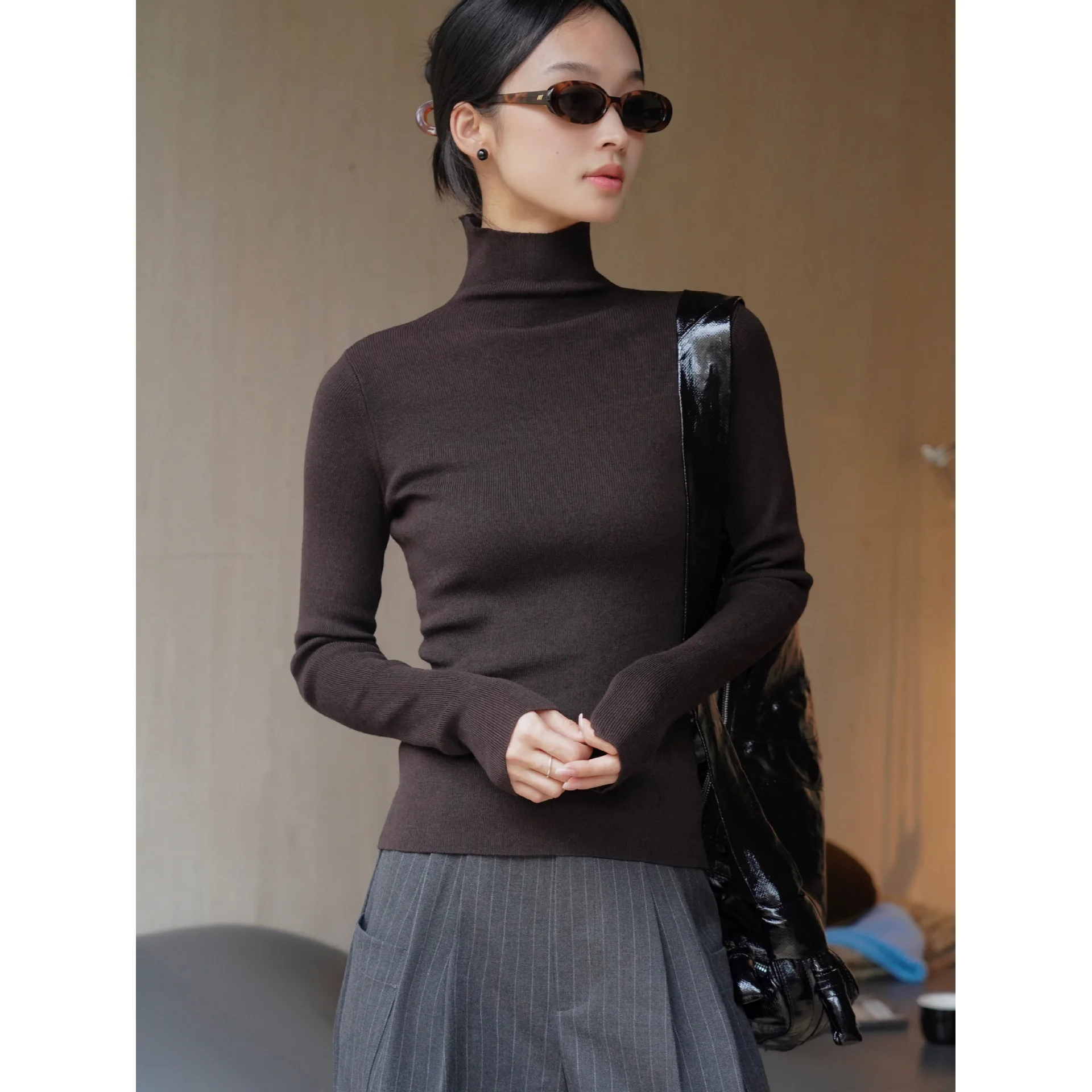 Slim Turtleneck Sweater Women Knitted Layering Tops Brown Autumn Winter 2023