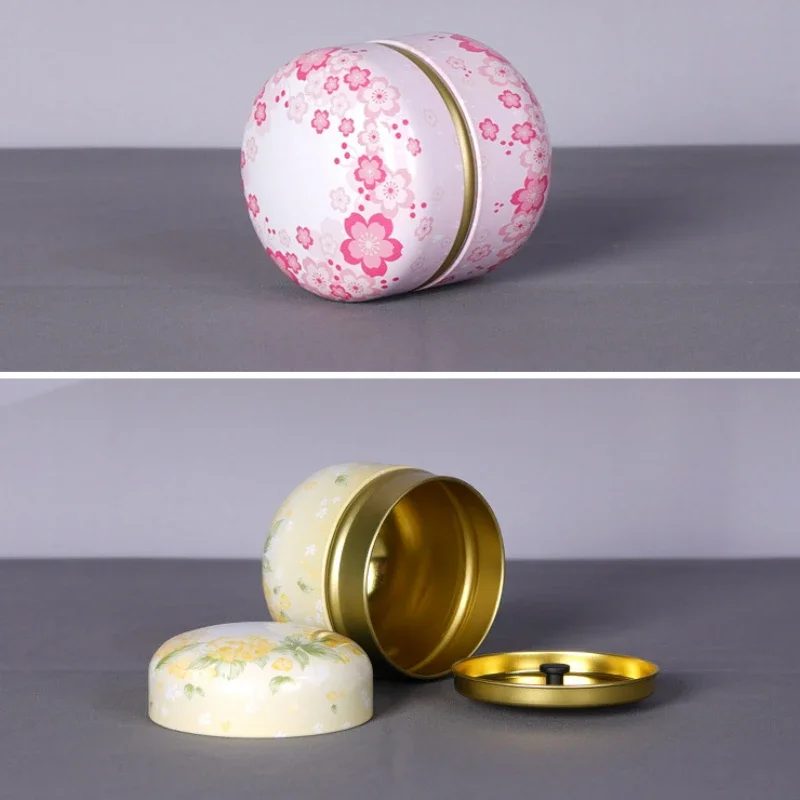 Tea Box  Tinplate Caddy Household Portable Sealed Tea Packaging Box  Japanese Style Flower Tea Round Small Tin Containers