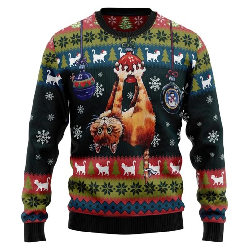Funny Cat Graphic Ugly Christmas Sweatshirt For Men Fashion Autumn Long Sleeve 3D Printed Xmas Sweater Casual Oversized Pullover