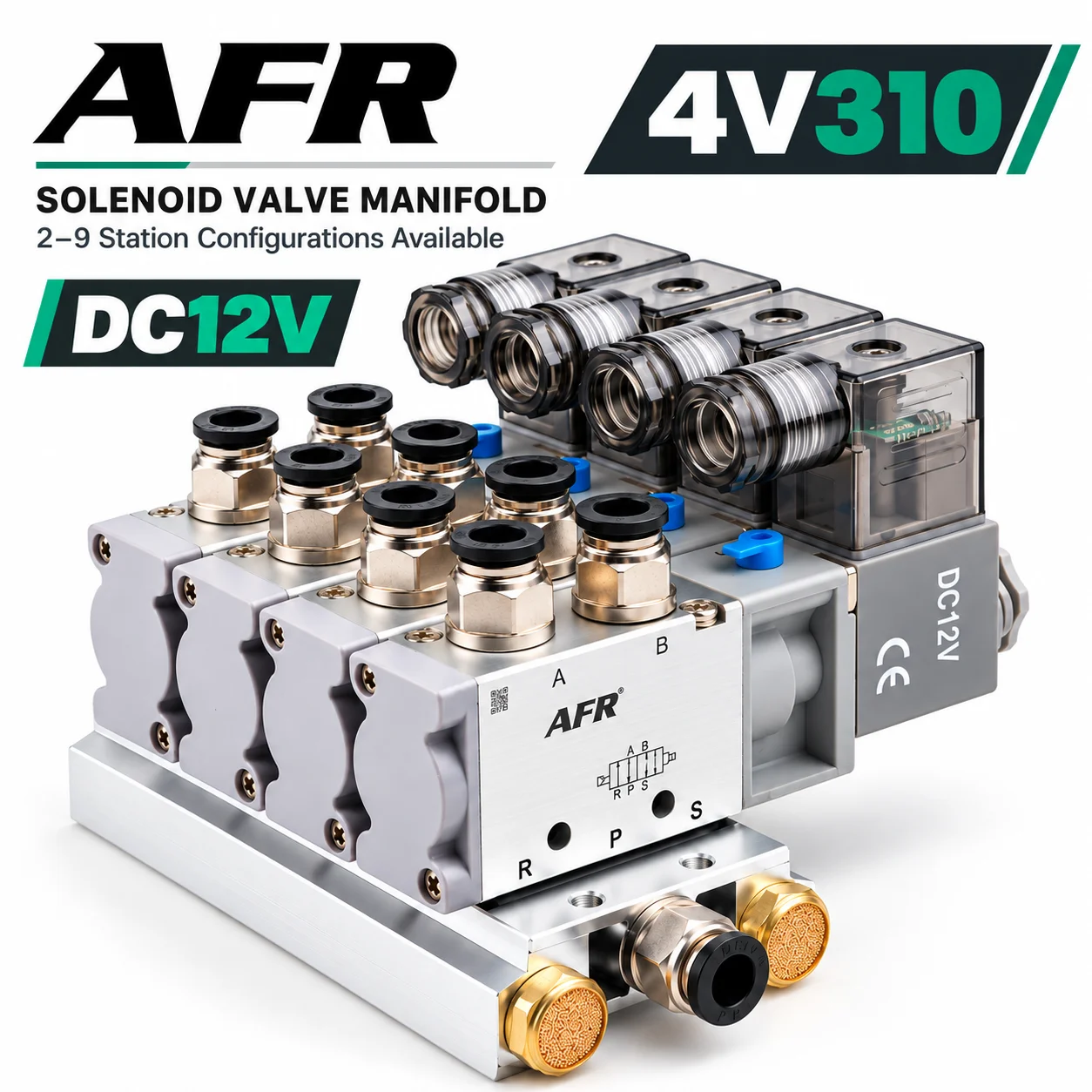 4V310-10 DC12V Pneumatic Solenoid Valve Manifold 2-9 Station 5/2 Way 3/8 Inch Valve Island for Air Cylinder Control