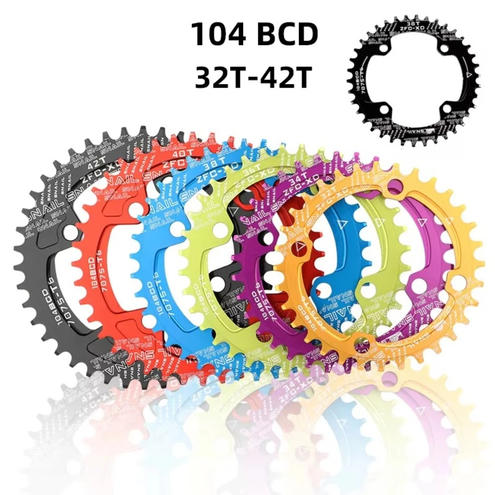 104BCD Bicycle Chainwheel 32T 34T 36T 38T Support 7-12 Speed System Single Chainring Aluminum Alloy Wide and Narrow Teeth