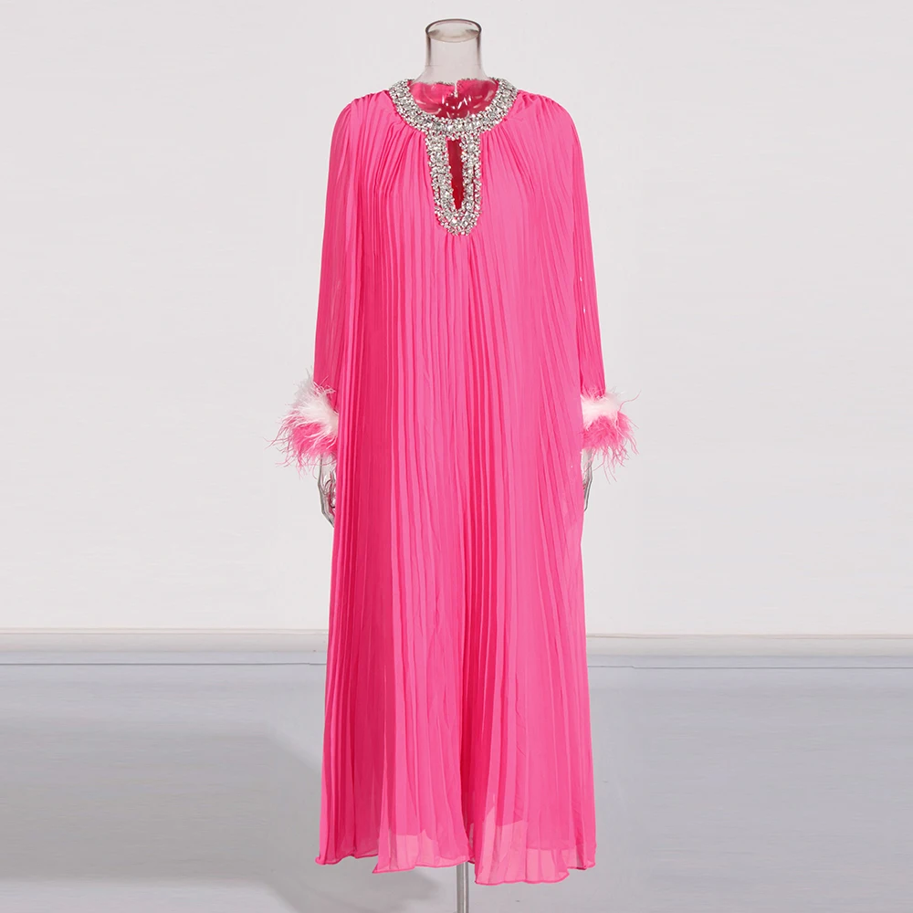 TWOTWINSTYLE Solid Loose Spliced Feather Dresses for Women Round Neck Long Sleeves Patchwork Diamonds Dress Female Clothing New