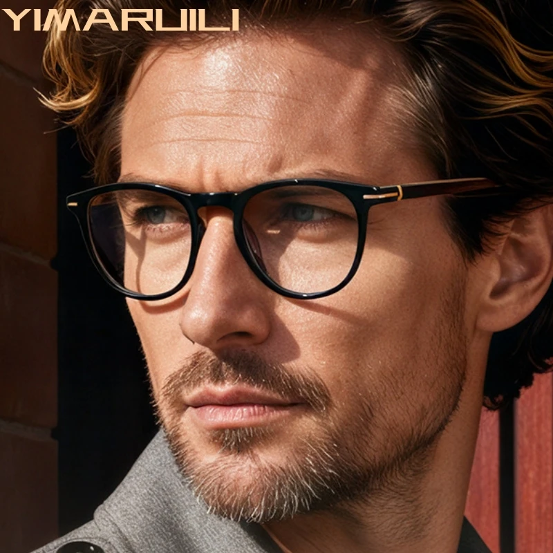 

YIMARUILI Men's Retro Round Eyeglasses Frame Ultra Light TR90 High Quality Acetate Fiber Fashion Mature Optical Glasses F32204