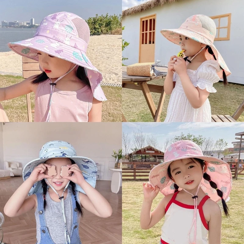 Lovely Printed Poncho Hat Kids Fast Drying Sunhat Outdoor Travel Beach Caps with Big Brimmed for Outdoor Sports