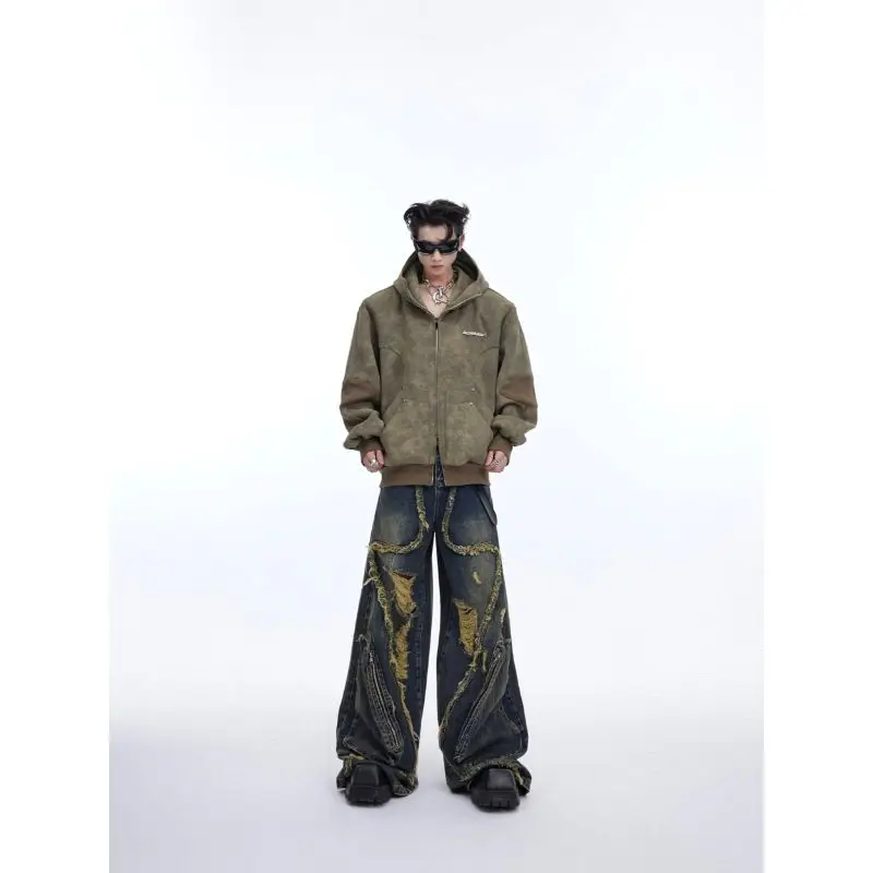 Gothic Men Niche Fringe Hole Jeans Vintage Hip Hop Denim Pants Grunge Big Pockets Design Cargo Pants Fashion Skinny Comfortable
