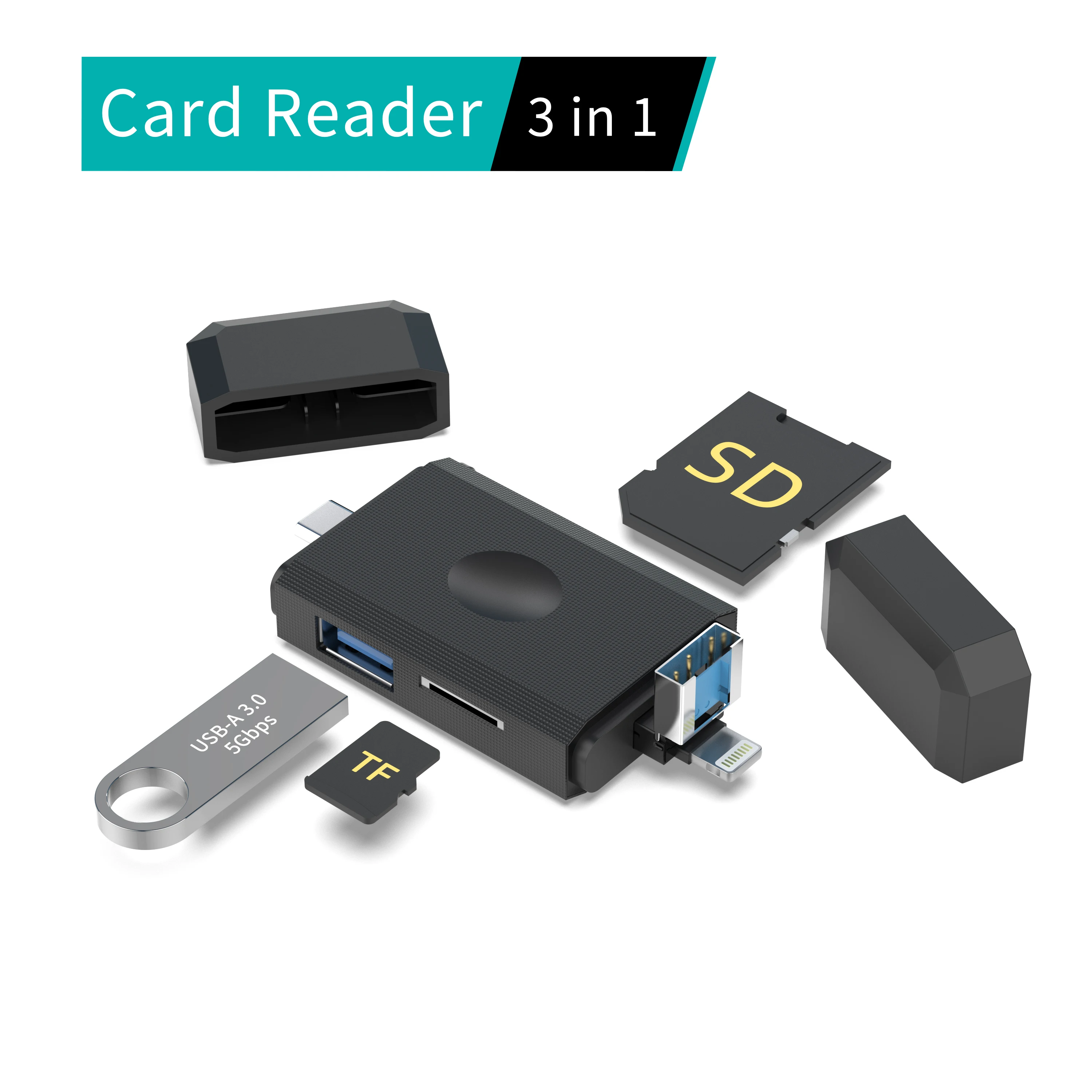 New Design 3 in 1 Lightning+Type-C+USB-A Card Reader