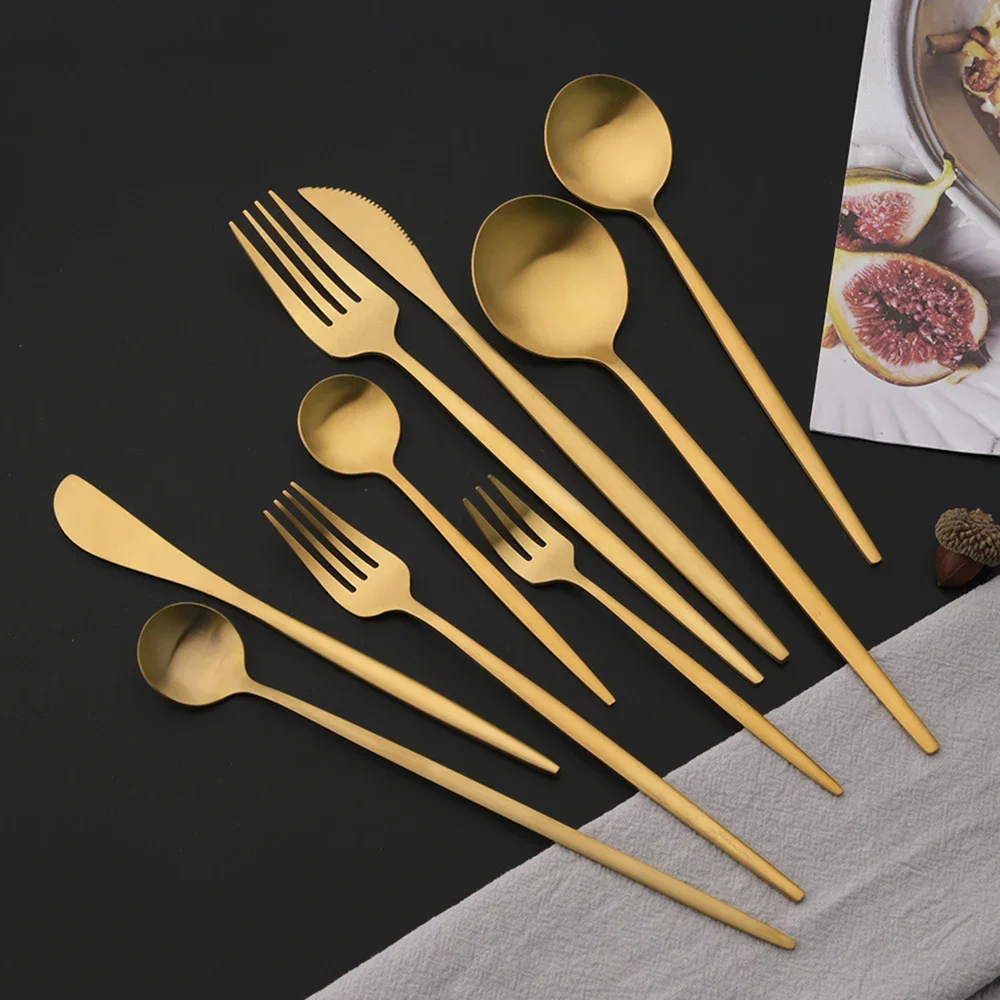 6Pcs Wstern Gold Matte Cutlery Set Stainless Steel Dinnerware Flatware Kitchen Home Dessert Fork Spoon Knife Set Tableware Set