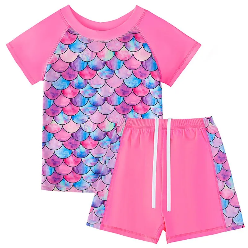 2Pcs Kids Swimsuits Color-Blocked Fish Scale Short Sleeve Tops+Shorts Girls Chic Sun Proof Swimwear Bathing Suit Beachwear 5-12Y