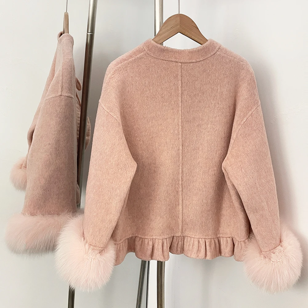 OFTBUY Neue Damen-Wolljacke mit Echten Fuchspelz-Manschetten Winter Elegante Modekleidung Oberbekleidung Kurzer Luxus-Wollmantel für Damen – Detail 9