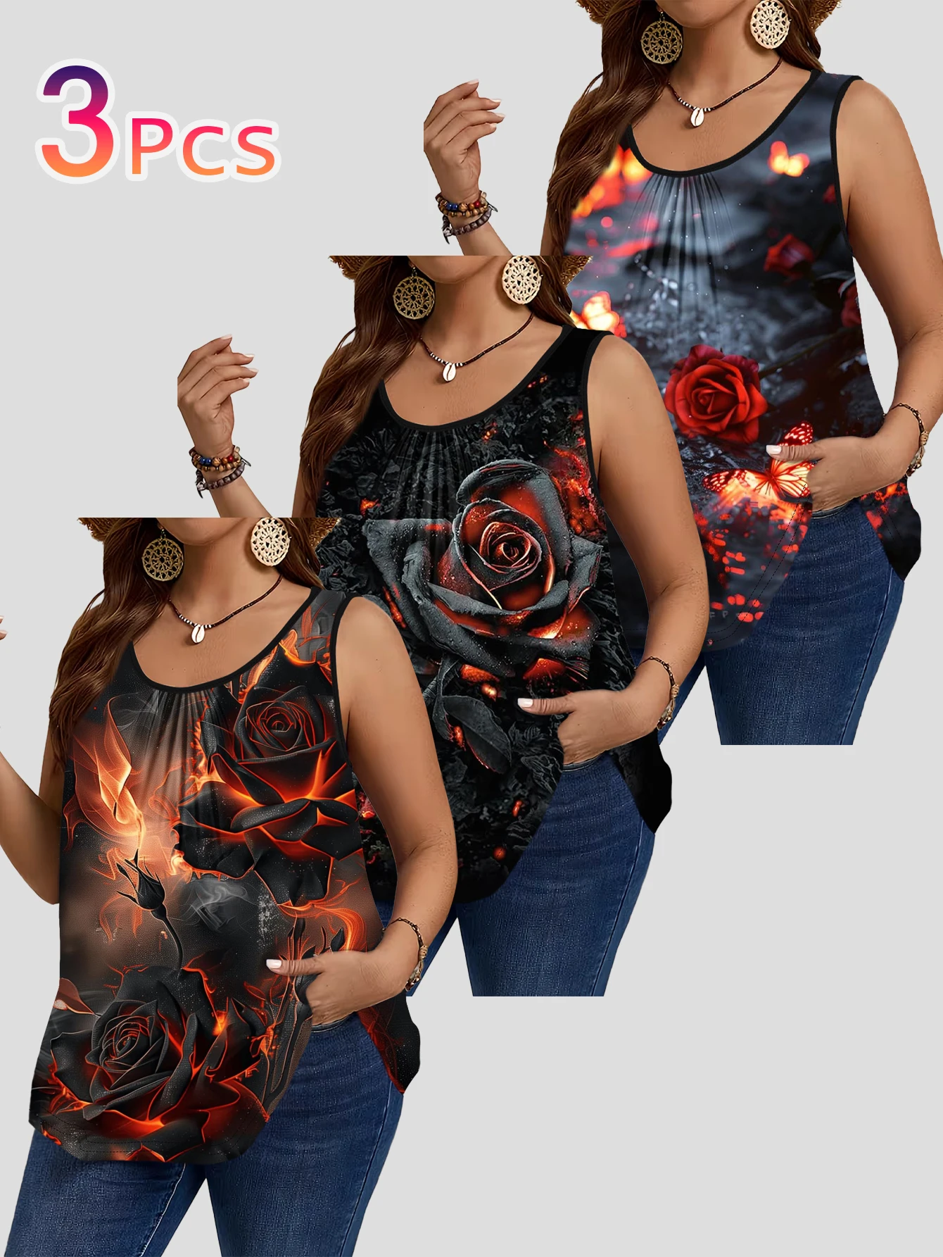 3-Piece Set of Plus-Size Women's Vests｜Gothic Style Flame Black and Red Rose Butterfly Dark Tone Print Loose Slimming Round Neck Sleeveless Women's Top