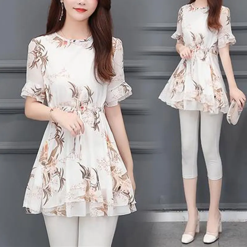 

Commute Ruffles Patchwork Shirt Summer Short Sleeve Fashion Waist Drawstring Female Clothing Broken Flowers Casual O-Neck Blouse