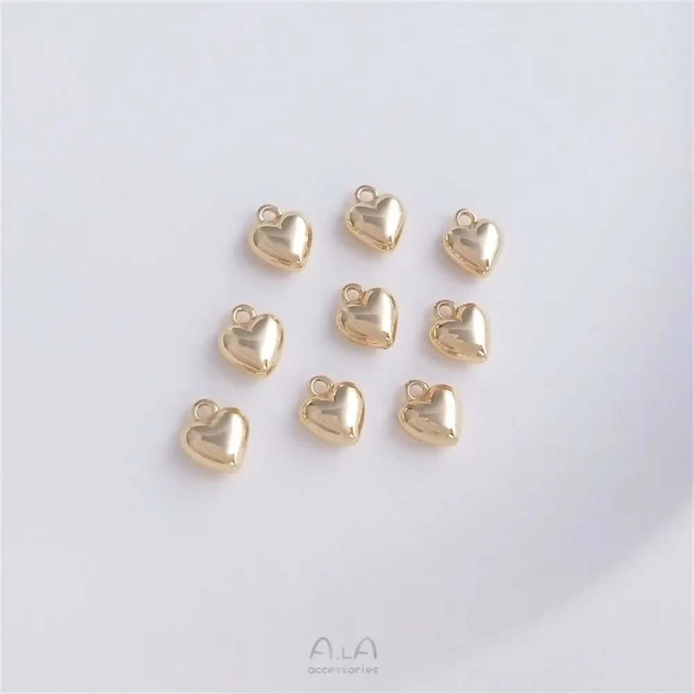 Colgante de corazón pequeño tridimensional brillante de oro real de 14 quilates envuelto en cobre, cadena de cola hecha a mano, aretes, amuleto de amor