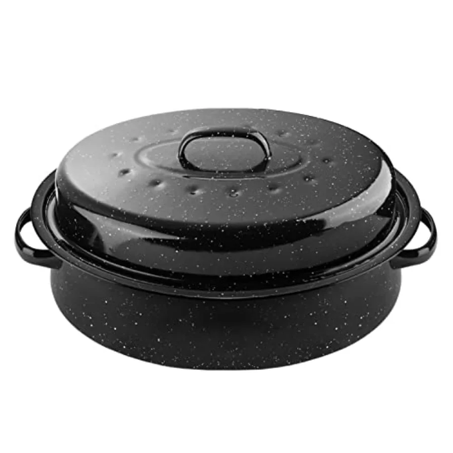 

Roasting Pan, Enamel on Steel, Black Covered Oval Roaster Pan with Lid, Large Cookware for Turkey, Small Chicken, Roast Baking
