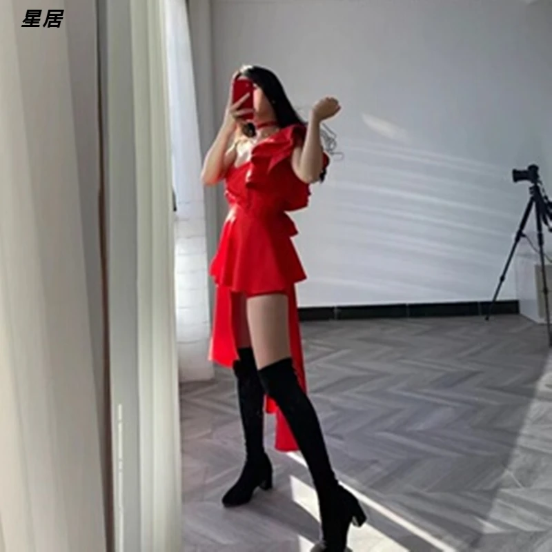 Xing Ju Kpop Women Group Stage Nightclub Red Off-Shoulder Irregular Dress Concert Outfits Rave Wear DJ Sexy Performance Costume - view 3
