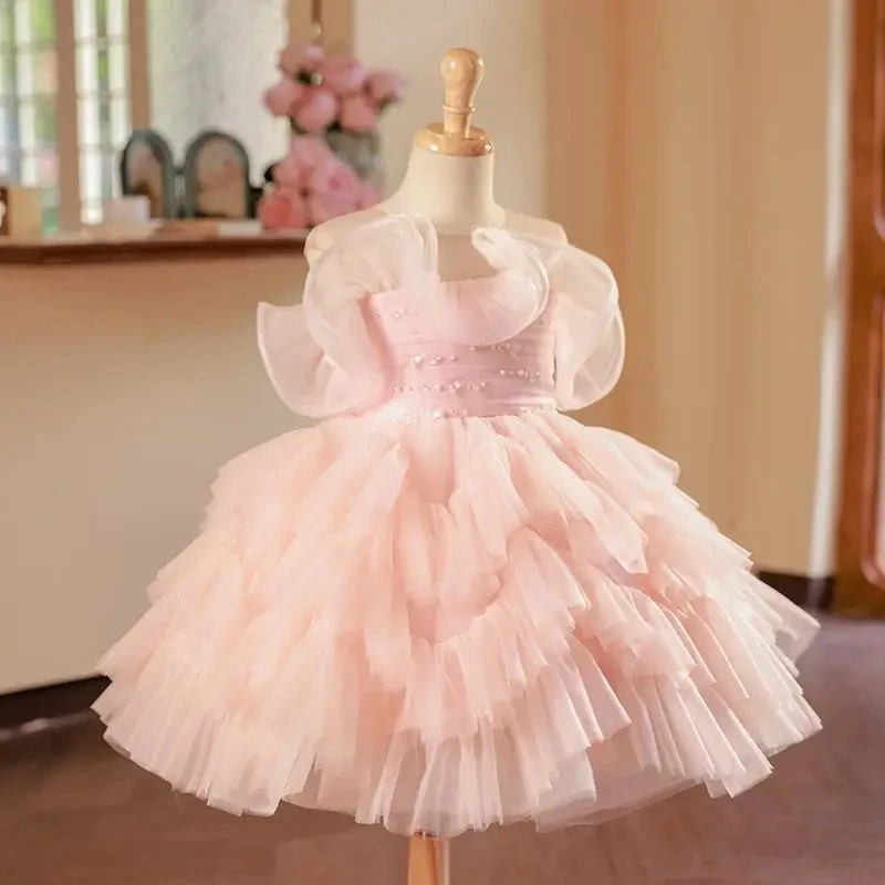 Baby Girl Birthday Fluffy Dress Infant Beading Baptism Gown Flower Wedding Costume Kids Short sleeve Clothes Toddler Vestidos