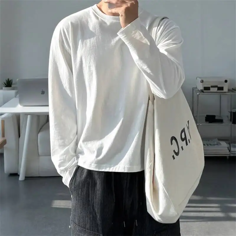 Color Simple Solid Long Sleeve TShirt for Men New Autumn Loose Fit Cotton Base pullover tops Korean Style Outfit KWSY