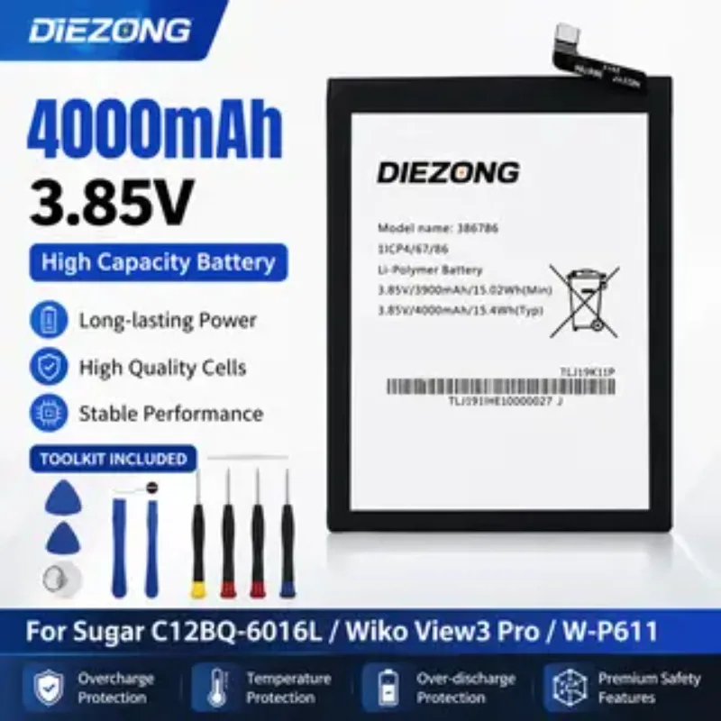 

4000mAh 3.85V 386786 Phone Battery for Sugar C12 BQ-6016L Wiko View3 Pro W-P611 Large Capacity Replaceable Lithium Battery