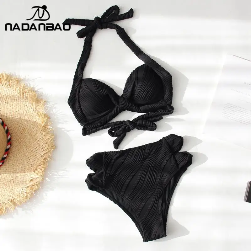 Nadanbao-Bikini negro con cuello en V para mujer, traje de baño cruzado con Espalda descubierta, traje de baño Sexy para fiesta en la playa