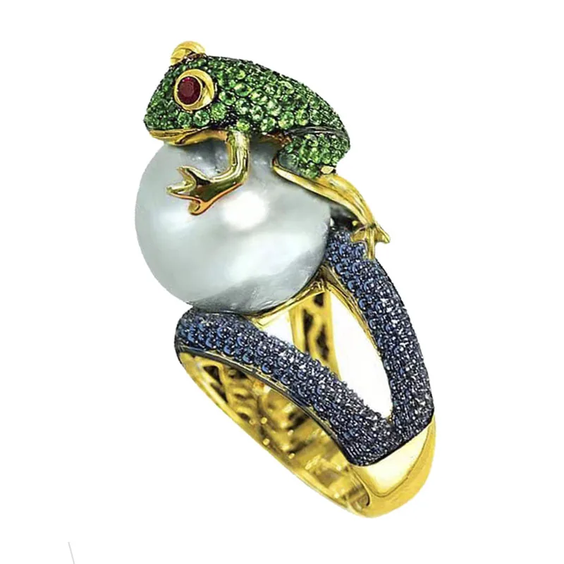 Trendy Creative Lovely Frog Animal White Simulated Pearl Female Ring For Women Party Jewelry Accessories Size 6- 10