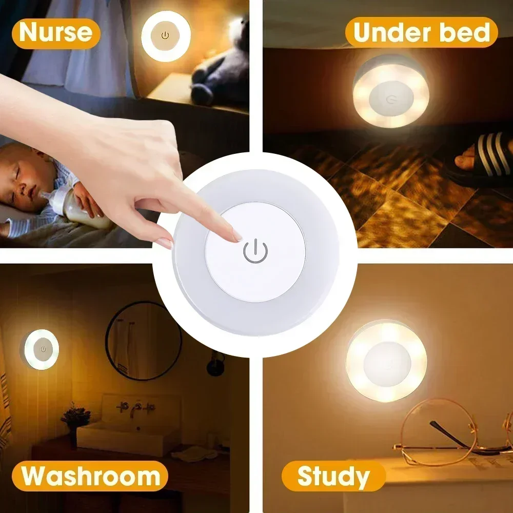 1/6pcs LED Touch Sensor Night Lights 3 Modes USB Rechargeable Dimming Light Home Kitchen Cabinet Magnetic Base Wall Round Lamps