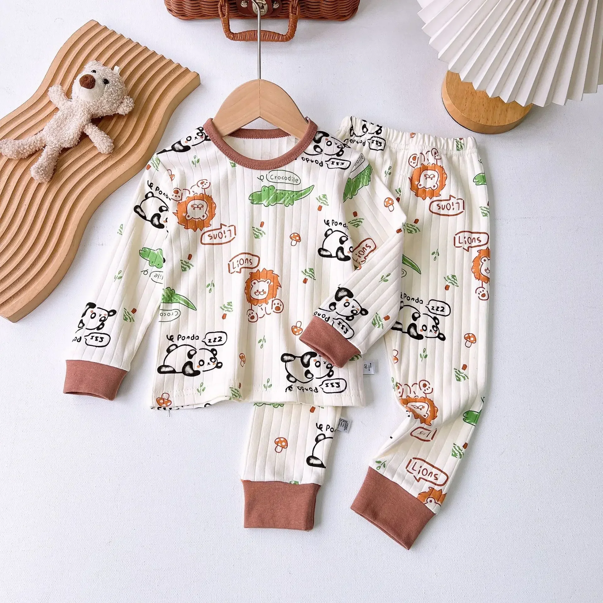 Kids Pure Cotton Pajamas Boys Girls Cute Cartoon Long Sleeve T-Shirt Tops with Pants Toddler Baby Autumn Underwear Clothing Sets